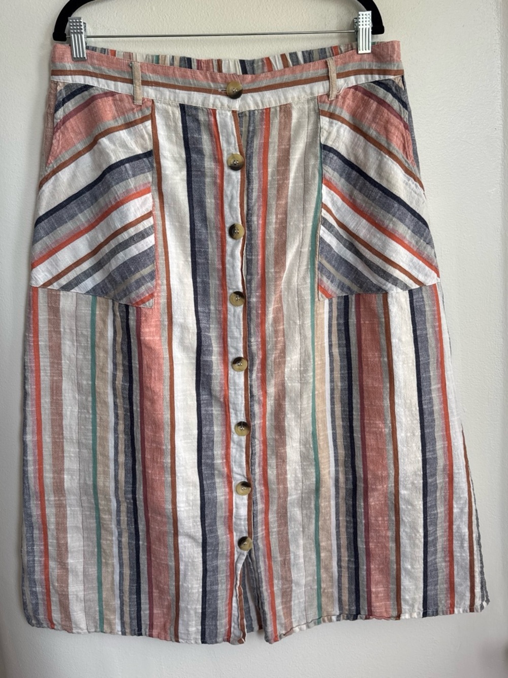 Mlle Gabrielle Striped Button-Front Midi Skirt in Coral, Navy & White